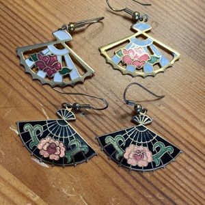 Two pairs vintage cloisonné fan earrings
